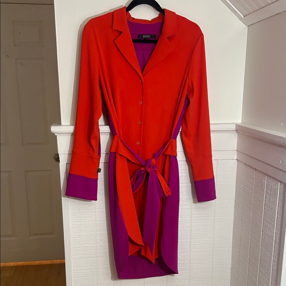 Badgley Mischka Orange & Purple Colorblock Long Sleeve Designer Dress size 4 - Picture 2 of 11